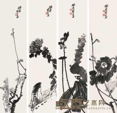 张治安 2005年作 四季花卉 四屏 139×35cm×4